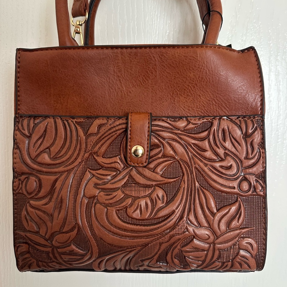 DS Bags Cognac Embossed Floral Western Satchel NWT Crossbody